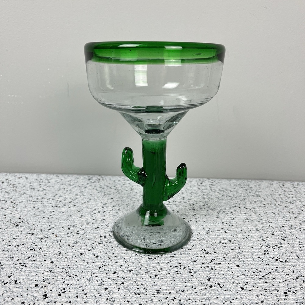 Handblown Mexican Margarita Glass Clear Green‎ Cactus Barware